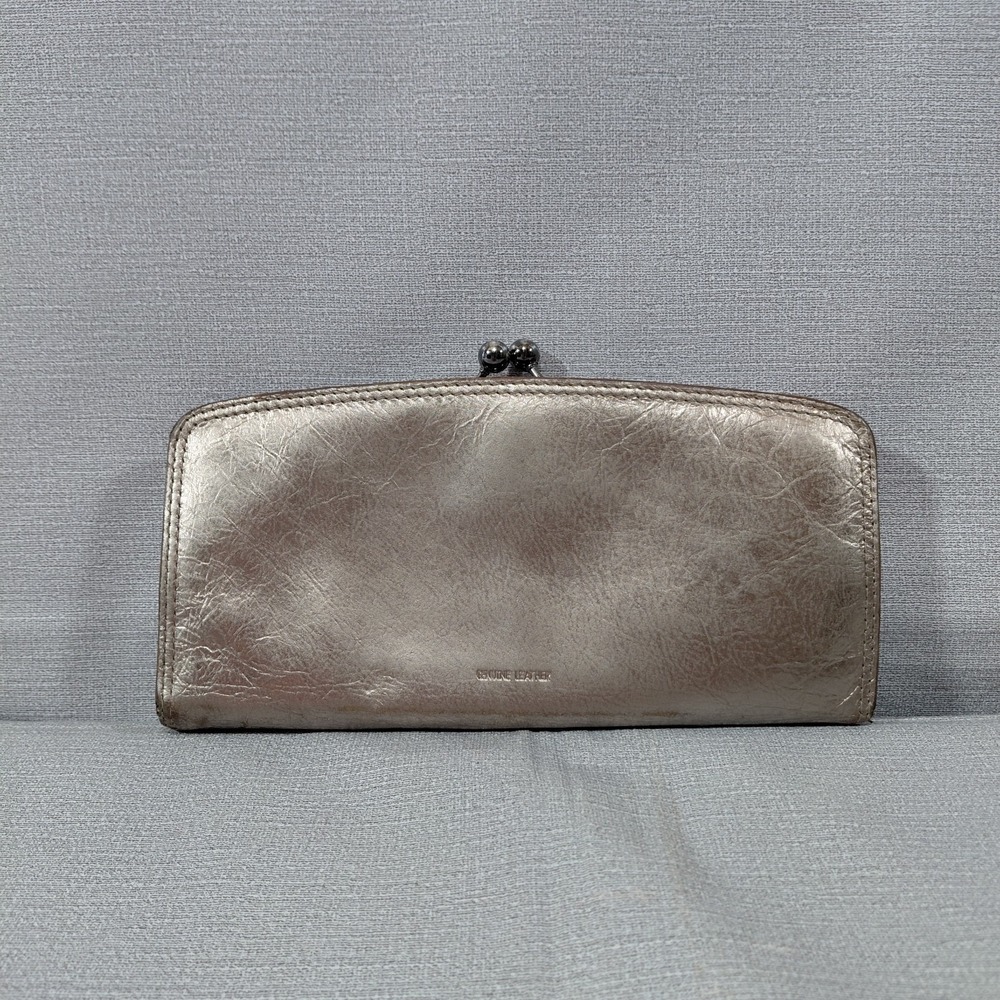 Genuine Leather Kiss Lock Women's Wallet Metallic Taupe Evening Clutch
